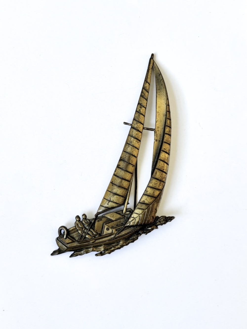 Vintage large Sailboat Brooch Pin in Antique Gold brass Tone signed